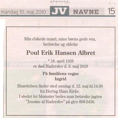 Poul Erik Hansen Albret, annonce
